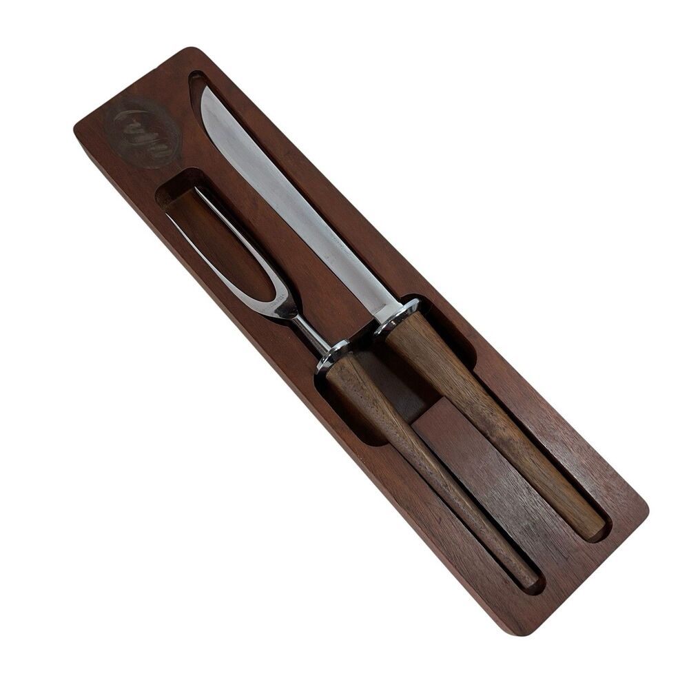 Woodlawn By Carvel Hall Solid American Walnut Fork And Carving Knife USA VTG